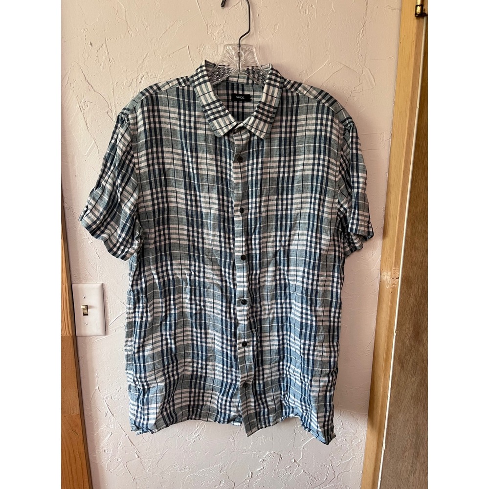 Vince‎ Mens Blue White Plaid 100% Linen Short Sleeve Button Down Shirt Large